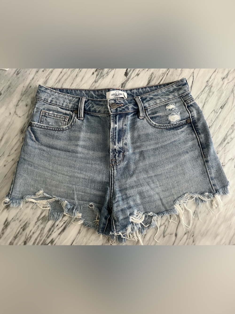Carly Jean Light Wash Distressed Denim Shorts